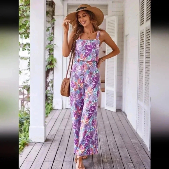 Allover Floral Print Wide Leg Cami Jumpsuit - Picture 6 of 6
